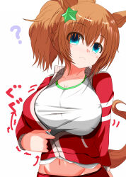 Rule 34 | 1girl, :&lt;, ?, animal ears, blue eyes, breasts, closed mouth, commentary request, hair between eyes, hair ornament, highres, horse ears, horse girl, horse tail, jacket, large breasts, long sleeves, looking at viewer, medium hair, midriff, navel, open clothes, open jacket, pants, ponytail, red jacket, red pants, shirt, simple background, solo, star (symbol), star hair ornament, stuck, taiki shuttle (umamusume), tail, tkka, tracen training uniform, track jacket, track pants, umamusume, upper body, white background, white shirt, zipper, zipper pull tab