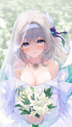 Rule 34 | 1girl, absurdres, bare shoulders, blush, bouquet, bow, breasts, bridal veil, bride, cleavage, commentary, dress, firefly (honkai: star rail), flower, grey hair, hair bow, hairband, highres, holding, holding bouquet, honkai: star rail, honkai (series), jewelry, long sleeves, looking at viewer, medium breasts, necklace, off-shoulder dress, off shoulder, pistachiocream, purple bow, purple eyes, smile, solo, upper body, veil, wedding dress, white dress, white flower, white hairband