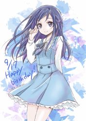Rule 34 | 1girl, ascot, blue background, blue dress, blue eyes, blue hair, blue neckerchief, braid, breasts, collared shirt, cowboy shot, dated, dokidoki! precure, dress, dress shirt, french braid, frills, gradient background, happy birthday, highres, hishikawa rikka, long sleeves, looking at viewer, neckerchief, okayashi, open mouth, pinafore dress, precure, shirt, signature, sleeveless dress, small breasts, smile, solo, white background