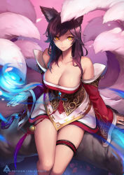 Rule 34 | 1girl, ahri (league of legends), animal ears, arm support, bare shoulders, black hair, breasts, cleavage, detached sleeves, energy ball, facial mark, fox ears, fox tail, from above, highres, in tree, korean clothes, large breasts, league of legends, light smile, lips, long hair, looking at viewer, low neckline, miniskirt, multiple tails, oopartz yang, patreon username, sitting, sitting in tree, skirt, slit pupils, smile, solo, tail, tree, whisker markings, yellow eyes
