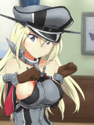 Rule 34 | 10s, 1girl, anchor choker, anchor symbol, areola slip, bare shoulders, bismarck (kancolle), black hat, black shirt, blonde hair, breasts, brown gloves, covered erect nipples, detached sleeves, gloves, grey eyes, hat, jpeg artifacts, kantai collection, large breasts, long hair, looking at viewer, military, military uniform, peaked cap, shirt, sideboob, solo, uniform, upper body, yashio (0321)