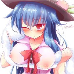 Rule 34 | 1girl, bad id, bad pixiv id, blue hair, blush, breasts, collarbone, covered erect nipples, female focus, food, fruit, hat, hinanawi tenshi, kisaragi zwei, large breasts, long hair, nipples, no bra, one eye closed, peach, pink eyes, see-through, shirt, signature, solo, touhou, towel, upper body, very long hair, wet, wet clothes, wet shirt