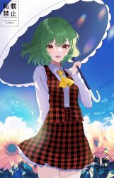 Rule 34 | 1girl, absurdres, ascot, blue sky, collared shirt, commentary request, cowboy shot, field, flower, flower field, frilled skirt, frills, green hair, highres, holding, holding umbrella, kazami yuuka, long sleeves, maizumi, open clothes, open mouth, open vest, outdoors, parasol, plaid, plaid skirt, plaid vest, red eyes, red skirt, red vest, shirt, short hair, skirt, sky, solo, sunflower, sunflower field, touhou, umbrella, vest, wavy hair, white shirt, yellow ascot