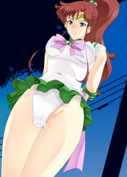 Rule 34 | 1girl, arms behind back, bishoujo senshi sailor moon, blush, breasts, brown hair, choker, clenched teeth, covered navel, earrings, covered erect nipples, gloves, green eyes, green skirt, highres, jewelry, kamo (nobuhide19790717), kino makoto, large breasts, legs, leotard, long hair, looking down, night, outdoors, parted lips, ponytail, pussy juice, sailor jupiter, sex toy, skirt, sky, sleeveless, solo, standing, teeth, thighs, tiara, uniform, vibrator, vibrator under clothes, wet