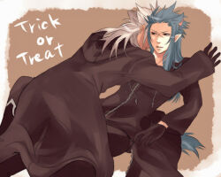 Rule 34 | 2boys, animal ears, bishounen, black coat, black coat (kingdom hearts), black footwear, black gloves, blue hair, boots, brown background, coat, commentary request, cross scar, facing away, fang, gloves, grey hair, halloween, hood, hood down, hooded coat, imminent bite, kingdom hearts, kingdom hearts ii, knee boots, kneeling, leaning back, leaning forward, long coat, long hair, long sleeves, male focus, minatoya mozuku, multiple boys, on ground, open mouth, pointy ears, saix, scar, scar on face, simple background, sitting, tail, trick or treat, wolf boy, wolf ears, wolf tail, xemnas, yaoi, yellow eyes