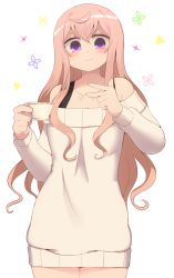 Rule 34 | 1girl, bare shoulders, blush, closed mouth, collarbone, commentary request, cowboy shot, cup, dress, gochuumon wa usagi desu ka?, hair between eyes, harau, hoto mocha, legs together, long hair, long sleeves, looking at viewer, pink hair, purple eyes, smile, solo, sweater, sweater dress, sweater vest, v, v-shaped eyebrows, white sweater