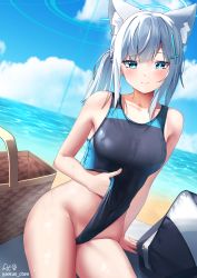 Rule 34 | 1girl, aekun cben, animal ear fluff, animal ears, arm support, bag, bare arms, bare shoulders, basket, beach, black bag, black one-piece swimsuit, blue archive, blue eyes, blue sky, blush, breasts, bright pupils, caustics, closed mouth, clothes pull, cloud, commentary, competition swimsuit, day, dutch angle, earrings, extra ears, frontal wedgie, grey hair, groin, halo, hand under clothes, highleg, highleg swimsuit, highres, jewelry, looking at viewer, medium breasts, medium hair, mismatched pupils, ocean, official alternate costume, one-piece swimsuit, one-piece swimsuit pull, outdoors, ponytail, pulling own clothes, sand, shiroko (blue archive), shiroko (swimsuit) (blue archive), side ponytail, sidelocks, sitting, sky, smile, solo, stomach, stud earrings, swimsuit, taut clothes, taut swimsuit, thighs, twitter username, two-tone swimsuit, wedgie, white pupils, wolf ears