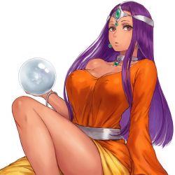 Rule 34 | 1girl, belt, bracelet, breasts, brown eyes, cleavage, collar, covered erect nipples, crystal ball, diadem, dragon quest, dragon quest iv, dress, glint, holding, jewelry, large breasts, long hair, long sleeves, looking at viewer, minea (dq4), necklace, off-shoulder dress, off shoulder, orange dress, purple hair, shu-mai, simple background, sitting, solo, white background