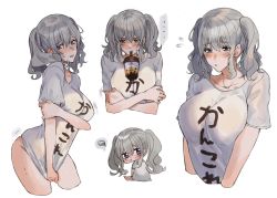 Rule 34 | 1girl, :t, blue eyes, blush, breasts, bubble tea, bubble tea challenge, chibi, closed mouth, clothes writing, covering privates, covering crotch, cropped legs, crossed arms, flying sweatdrops, inusaka, kantai collection, kashima (kancolle), large breasts, long hair, multiple views, naked shirt, open mouth, shirt, short sleeves, silver hair, simple background, squiggle, sweat, t-shirt, tears, twintails, wavy hair, white background, white shirt