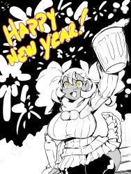 Rule 34 | 1girl, alcohol, big hair, bread slice, breasts, cleavage, covered navel, curvy, dark-skinned female, dark skin, dragon tail, dragoontequila, dress, english text, fireworks, food, happy new year, highres, huge breasts, long hair, looking up, miniskirt, monochrome, monster girl, new year, night, night sky, open mouth, original, short dress, simple background, skirt, sky, solo, tail, tequila (dragoontequila), thighhighs, thighs, toast, twintails, wide hips, yellow eyes