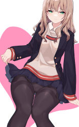 Rule 34 | 1girl, :&lt;, absurdres, black pantyhose, black skirt, blazer, blush, brown hair, brown sweater, cameltoe, closed mouth, clothes lift, commentary, feet out of frame, green eyes, gridman universe, heart, highres, jacket, lifted by self, litsvn, long hair, long sleeves, looking at viewer, minami yume, miniskirt, open clothes, open jacket, pantyhose, pleated skirt, school uniform, sitting, skirt, skirt lift, solo, ssss.dynazenon, sweater, two-tone background, unbuttoned, upskirt, wavy hair