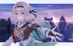 Rule 34 | 1girl, black hairband, black jacket, blue eyes, blue hair, blue pupils, blue ribbon, blue skirt, blush, bow, bridal gauntlets, closed mouth, collared shirt, cowboy shot, cropped jacket, dot nose, evening, firefly (honkai: star rail), from side, game screenshot background, gradient eyes, gradient hair, grey hair, hair between eyes, hair bow, hair intakes, hair ribbon, hairband, highres, honkai: star rail, honkai (series), jacket, lens flare, letterboxed, long hair, long sleeves, looking at viewer, multicolored eyes, multicolored hair, neckerchief, open hand, orange eyes, orange neckerchief, outstretched arm, pleated skirt, reaching, reaching towards viewer, ribbon, shirt, sidelocks, skirt, smile, solo, sunset, white bow, white shirt, yu (user srvz8588)