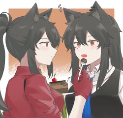 Rule 34 | 2girls, :o, animal ear piercing, animal ears, arknights, black hair, black vest, blue necktie, blush, brown eyes, cake, cake slice, cherry, closed mouth, collared shirt, commentary, dual persona, english commentary, eye contact, face-to-face, feeding, food, fork, fruit, gloves, green necktie, hair between eyes, hand up, her mann, highres, holding, holding fork, long hair, looking at another, motion lines, multiple girls, necktie, official alternate costume, open mouth, orange background, outside border, ponytail, profile, red gloves, red shirt, shirt, sidelocks, split mouth, texas (arknights), texas (willpower) (arknights), texas the omertosa (arknights), upper body, vest, white shirt, wolf ears, wolf girl