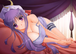Rule 34 | 1girl, afterglow, alternate costume, bad id, bad pixiv id, bed, blush, bow, breasts, canopy bed, chiro, cleavage, crescent, female focus, canopy bed, hair bow, hat, large breasts, bridal garter, long hair, looking at viewer, lying, on bed, on side, patchouli knowledge, pillow, purple eyes, purple hair, smile, solo, strap slip, touhou