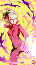 Rule 34 | 1girl, absurdres, android 18, blonde hair, blue eyes, dragon ball, dragonball z, earrings, floating hair, highres, jacket, jewelry, kanchiyo, long sleeves, medium hair, open mouth, pants, red jacket, red pants, solo, track jacket, track pants, track uniform, yellow background, zipper