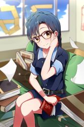 Rule 34 | 10s, 1girl, 5553pp, bad id, bad pixiv id, bespectacled, blue hair, book, glasses, idolmaster, idolmaster million live!, looking at viewer, nanao yuriko, short hair, smile, solo, yellow eyes