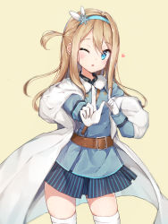 Rule 34 | 1girl, ;o, absurdres, belt, blonde hair, blue eyes, blue skirt, blush, cowboy shot, girls&#039; frontline, hair between eyes, hair ornament, hairband, heart, highres, index finger raised, jksh5056, koi dance, long hair, long sleeves, looking at viewer, one eye closed, one side up, parted lips, sidelocks, simple background, skirt, snowflake hair ornament, solo, striped clothes, striped skirt, suomi (girls&#039; frontline), tareme, thighhighs, uniform, vertical-striped clothes, vertical-striped skirt, white thighhighs, yellow background, zettai ryouiki
