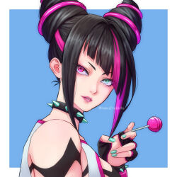 Rule 34 | 1girl, artist name, bare shoulders, black hair, blue background, blue eyes, blue nails, body markings, border, candy, collar, commentary request, diagonal bangs, food, hair horns, han juri, hepu2rabbits (epuusa), heterochromia, highres, holding, holding candy, holding food, holding lollipop, lollipop, multicolored hair, outside border, parted lips, pink eyes, pink hair, pink lips, sidelocks, simple background, solo, spiked collar, spikes, streaked hair, street fighter, street fighter 6, teeth, twitter username, two-tone hair, upper body, white border