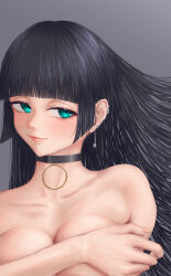 Rule 34 | 1girl, black choker, black hair, blunt bangs, blunt ends, bocchi the rock!, breasts, chin piercing, choker, covering breasts, covering privates, ear piercing, earrings, green eyes, highres, hime cut, jewelry, large breasts, light, long hair, looking to the side, nude, pa-san, piercing, simple background, solo, star (symbol), star earrings, user zakt8423