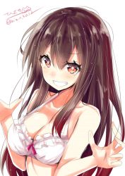Rule 34 | 1girl, akagi (kancolle), blush, bra, breasts, brown eyes, brown hair, closed mouth, hair between eyes, highres, hizaka, kantai collection, large breasts, long hair, looking at viewer, one-hour drawing challenge, simple background, smile, solo, straight hair, twitter username, underwear, white background