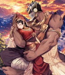 Rule 34 | 1boy, 1girl, armlet, bandaged leg, bandages, bara, black hair, breasts, cleavage, closed eyes, dark-skinned male, dark skin, dress, earrings, gold necklace, height difference, helmet, henna, hetero, hime cut, hood, hood up, hug, indian clothes, jewelry, large breasts, long hair, looking at viewer, medium breasts, mountain, muscular, muscular male, necklace, pectoral cleavage, pectorals, protagonist 2 (housamo), red dress, shirt, shiva (housamo), sleeveless, sleeveless shirt, sunset, tass commuovere, thick arms, tokyo houkago summoners