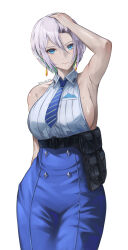 Rule 34 | 1girl, absurdres, arm up, armpits, backless outfit, backless shirt, bare shoulders, belt pouch, blue eyes, blue necktie, blue skirt, breasts, brid (nikke), closed mouth, collarbone, collared shirt, commentary, cowboy shot, dangle earrings, earrings, elvandec, goddess of victory: nikke, green hair, grey hair, hair between eyes, hair lift, head tilt, high-waist skirt, highres, jewelry, large breasts, long hair, long skirt, looking at viewer, low-tied long hair, low ponytail, mole, mole on breast, multicolored hair, necktie, no headwear, pouch, shirt, sideboob, sidelocks, simple background, skirt, sleeveless, solo, standing, striped necktie, twitter username, two-tone hair, white background, white shirt