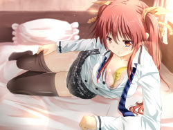 Rule 34 | 1girl, banana, between breasts, black thighhighs, blurry, blush, breasts, brown eyes, brown hair, depth of field, downblouse, food, frilled pillow, frills, fruit, hair ribbon, highres, inu (mezonsidepark), lens flare, long hair, looking at viewer, loose necktie, lying, necktie, on bed, on side, original, pillow, pink background, red eyes, red hair, ribbon, solo, thighhighs, tsurime, twintails, undone necktie, undressing