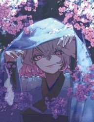 Rule 34 | 1girl, cherry blossoms, flower, highres, japanese clothes, kimono, long sleeves, looking at viewer, one-hour drawing challenge, petals, pink eyes, pink hair, pink theme, saigyouji yuyuko, shi chimi, short hair, smile, touhou, branch, wavy hair, wide sleeves