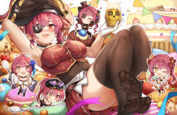 Rule 34 | 5girls, :d, ;d, baseball cap, birthday, birthday cake, birthday party, blueberry, blurry, blush, bow, breasts, brown thighhighs, cake, candy, chibi, chocolate, closed eyes, closed mouth, confetti, covered navel, crop top, cup, cupcake, depth of field, dessert, dokuro-kun (houshou marine), eyepatch, eyewear on head, feet, food, fruit, full body, gloves, gold trim, hair bow, hair ornament, hair ribbon, happy birthday, hat, heart, heart-shaped eyewear, heterochromia, holding, holding cup, holding spoon, holding whisk, hololive, houshou marine, houshou marine (1st costume), houshou marine (gothic lolita), houshou marine (new year), houshou marine (summer), idol, japanese clothes, kimono, knees up, large breasts, lollipop, lying, m&amp;m&#039;s, mini hat, miniskirt, multiple girls, multiple persona, no shoes, official alternate costume, on back, one eye closed, open mouth, pelvic curtain, pirate hat, pleated skirt, plume, ponytail, red eyes, red hair, red skirt, ribbon, sitting, skirt, skull cup, smile, soles, spoon, strawberry cake, sunglasses, thighhighs, thighs, toes, twintails, virtual youtuber, wafer stick, whisk, white gloves, yellow eyes, yougenko, zettai ryouiki