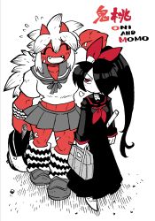 Rule 34 | ..., 2girls, :d, ^ ^, absurdres, arm behind head, arms at sides, bag, bandaid, bandaid on cheek, bandaid on face, bandaid on knee, bandaid on leg, black hair, black sailor collar, black shirt, black skirt, blue eyes, bokken, bow, brass knuckles, closed eyes, closed mouth, club, club (weapon), colored skin, delinquent, dress, fingernails, flying sweatdrops, friends, glint, green background, greyscale, hair bow, hair over one eye, highres, holding, holding bag, holding weapon, ink (medium), inktober, leg warmers, legs apart, limited palette, long hair, looking at viewer, mixed media, momoka seryo, monochrome, multiple girls, nana onigama, neckerchief, nervous, one eye covered, oni, open mouth, original, over shoulder, rariatto (ganguri), red eyes, red oni, red skin, red theme, ringed eyes, sailor collar, sailor dress, school bag, school uniform, serafuku, shirt, shoes, short sleeves, simple background, skirt, smile, socks, spiked club, spoken ellipsis, standing, striped clothes, striped legwear, striped socks, sukeban, sword, traditional media, twitter username, very long hair, walking, weapon, weapon over shoulder, white hair, white sailor collar, white shirt, wooden sword