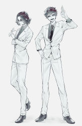 Rule 34 | 2boys, :d, absurdres, ayashimon, black footwear, black hair, formal, greyscale, hand on own hip, hand up, highres, holding, holding paper, male focus, monochrome, multiple boys, necktie, open mouth, pants, paper, short hair, shouki de hanai, simple background, smile, suit, sunglasses, white background, white pants, white suit
