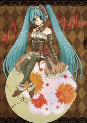 Rule 34 | 1girl, absurdres, aqua hair, bad id, bad pixiv id, bare shoulders, blue eyes, bow, checkered background, collar, corset, elbow gloves, garter straps, gloves, hatsune miku, highres, long hair, marker (medium), rikuya, sitting, skirt, solo, thighhighs, traditional media, twintails, very long hair, vocaloid