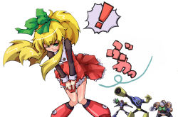 Rule 34 | !, 1girl, 3boys, ;o, air man, android, arm cannon, armor, blonde hair, blush, body blush, boots, bow, buttons, capcom, clothes lift, covering privates, covering crotch, dress, dress lift, electric fan, embarrassed, fanning, fighting stance, flat chest, floating hair, greaves, hair bow, hair ribbon, knee boots, knees together feet apart, lace, leaning forward, long hair, long nose, long sleeves, mega man (classic), mega man (series), mega man 2, mega man 6, mega man 8, multiple boys, no pupils, one eye closed, open mouth, outstretched arm, petticoat, pointy nose, ponytail, red skirt, ribbon, robot, roll (mega man), sasamashin, short dress, sidelocks, simple background, skirt, skirt lift, sleeve cuffs, speech bubble, spoken exclamation mark, spread legs, standing, tengu man, thigh gap, v arms, very long hair, weapon, wince, wind, wind lift, wind man, wings, wink