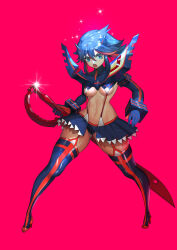 Rule 34 | 1girl, absurdres, armor, bakuzan, black hair, blue eyes, boots, breasts, gloves, highres, horns, kill la kill, large breasts, liutiao, looking to the side, matoi ryuuko, midriff, multicolored hair, navel, open mouth, pauldrons, pleated skirt, red background, red hair, revealing clothes, scissor blade (kill la kill), short hair, shoulder armor, simple background, skindentation, skirt, streaked hair, suspenders, thigh boots, thighhighs, two-tone hair, underboob