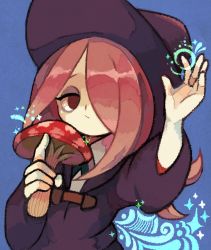 Rule 34 | 1girl, :/, bad id, bad pixiv id, bags under eyes, blue background, closed mouth, dress, hair over one eye, half-closed eyes, hand up, hat, highres, holding, holding mushroom, index finger raised, little witch academia, long hair, long sleeves, mushroom, pink hair, purple dress, purple hat, red eyes, solo, sparkle, sucy manbavaran, upper body, witch hat, yukino super