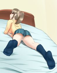 1girl artist_request bed feet flickmann_ss from_behind highres hori_yuko idolmaster idolmaster_cinderella_girls long_hair looking_back lying on_stomach panties pantyshot ponytail red_eyes skirt soles solo underwear