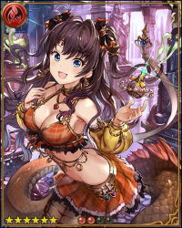 Rule 34 | 10s, 1girl, blue eyes, brown hair, card (medium), color switch, earrings, heart, heart necklace, ichinose shiki, idolmaster, idolmaster cinderella girls, jewelry, lamia, long hair, midriff, monster girl, monsterification, necklace, official art, orange skirt, plaid, plaid skirt, scales, shingeki no bahamut, skirt, solo, twintails, two side up