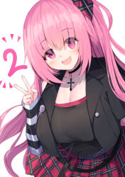 Rule 34 | 1girl, absurdres, anneliese, belt, black belt, black choker, black jacket, black shirt, blush, breasts, chain, choker, cleavage, commentary, cross, cross necklace, demon girl, hair between eyes, hair ribbon, hand up, head tilt, highres, jacket, jewelry, kimagure temptation, large breasts, long hair, looking at viewer, miniskirt, necklace, nodoameyatou, one side up, open mouth, pink eyes, pink hair, plaid, plaid ribbon, pleated skirt, red ribbon, red skirt, ribbon, shirt, sidelocks, simple background, skirt, sleeves past wrists, smile, solo, standing, striped sleeves, v, very long hair, white background