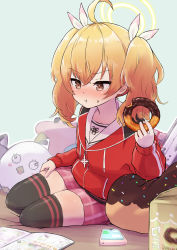 Rule 34 | 1girl, absurdres, black hair, blonde hair, blue archive, blush, cellphone, commentary request, doughnut, eating, food, highres, medium hair, orange eyes, peroro (blue archive), phone, radicalfool, reading, school uniform, simple background, sitting, solo, stuffed toy, thighhighs, yoshimi (blue archive)
