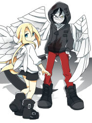 Rule 34 | 1boy, 1girl, bandage on face, bandaged hand, bandaged head, bandaged wings, bandages, black footwear, black hair, black shorts, blonde hair, blood, blood on clothes, blue eyes, boots, drop shadow, hair between eyes, hand on own hip, holding, holding scythe, hood, hood up, hooded jacket, isaac foster, jacket, long hair, pants, rachel gardner, red pants, ringed eyes, satsuriku no tenshi, scythe, shorts, ss1313, stitches, white background, white jacket, white wings, wings, yellow eyes