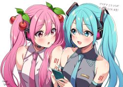 Rule 34 | 2girls, :d, :o, amagi shino, aqua eyes, aqua hair, aqua nails, aqua necktie, artist name, bare shoulders, black sleeves, blush, cellphone, cherry hair ornament, collarbone, commentary, detached sleeves, dual persona, food-themed hair ornament, grey shirt, hair ornament, hatsune miku, headphones, headset, highres, holding, holding phone, leaf, long hair, looking at another, multiple girls, nail polish, necktie, open mouth, phone, pink eyes, pink hair, pink neckwear, pink sleeves, sakura miku, shirt, shoulder blush, shoulder tattoo, side-by-side, sleeveless, sleeveless shirt, smartphone, smile, tattoo, translated, twintails, upper body, very long hair, vocaloid, white background