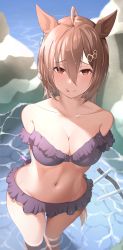 Rule 34 | 1girl, :p, absurdres, agnes tachyon (umamusume), ahoge, animal ears, bare shoulders, belt, belt buckle, bikini, blush, breasts, brown eyes, brown hair, buckle, caustics, cleavage, collarbone, commentary request, earrings, frilled bikini, frills, groin, hair ornament, highres, horse ears, horse girl, horse tail, jewelry, looking at viewer, medium breasts, medium hair, navel, purple bikini, raised eyebrows, rei (xgjg4753), rock, single earring, smile, solo, split mouth, standing, swimsuit, tail, test tube, tongue, tongue out, umamusume, wading, water, wet, wet hair
