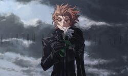 Rule 34 | 1boy, absurdres, black coat, black coat (kingdom hearts), black gloves, blue sky, bragi (kingdom hearts), cloud, cloudy sky, coat, commentary, copyright name, dark clouds, day, easter lily, expressionless, flower, gloves, hand up, highres, holding, holding flower, hood, kingdom hearts, kingdom hearts dark road, long coat, long sleeves, looking down, male focus, orange eyes, orange hair, outdoors, roku (gansuns), sky, solo, symbol-only commentary, upper body, white flower, wind, zipper