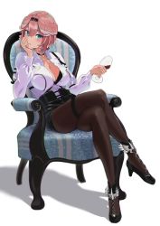 Rule 34 | 1girl, absurdres, blue eyes, bra, breasts, chair, choker, commentary request, crossed legs, cup, drinking glass, full body, hair between eyes, head wings, high-waist shorts, high heels, highres, holding, holding cup, hololive, long sleeves, looking at viewer, medium breasts, pantyhose, pantyhose under shorts, pink hair, shadow, short hair, shorts, simple background, sitting, solo, takane lui, takane lui (1st costume), thigh strap, underwear, virtual youtuber, watabou (w2ky), white background, wine glass, wings