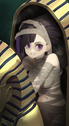 Rule 34 | 1girl, absurdres, bandages, black hair, commentary, english commentary, grin, highres, looking at viewer, multicolored hair, mummy costume, naked bandage, navel, original, purple eyes, purple hair, sarcophagus, sirena (tostantan), smile, solo, streaked hair, tostantan, two-tone hair