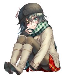 Rule 34 | 1girl, alternate costume, bad id, bad pixiv id, beanie, black hat, black pantyhose, blush, boots, closed mouth, coat, eyepatch, finger to face, full body, green eyes, green hair, grey coat, grey footwear, hair between eyes, hat, hat over hat, kantai collection, kiso (kancolle), knee boots, knees up, long sleeves, looking at viewer, miniskirt, one eye covered, pantyhose, plaid, plaid skirt, pleated skirt, red skirt, short hair, simple background, sitting, skirt, sleeves past wrists, smile, solo, spread legs, thighband pantyhose, twitter username, underwear, white background, winter clothes, winter coat, yuihira asu