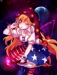 Rule 34 | 1girl, adapted costume, american flag dress, american flag legwear, blonde hair, blue bow, blush, bow, clownpiece, dress, earth (planet), fairy wings, fire, frilled dress, frills, hat, highres, jester cap, long hair, looking at viewer, neck ruff, one eye closed, pantyhose, petticoat, planet, polka dot, red bow, red eyes, short sleeves, sketch, smile, solo, space, star (symbol), striped clothes, striped pantyhose, thighhighs, tis (shan0x0shan), tongue, tongue out, torn clothes, touhou, v, very long hair, wings, wrist cuffs