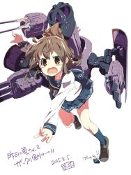 Rule 34 | 10s, 1girl, brown hair, folded ponytail, highres, inazuma (kancolle), kantai collection, open mouth, oruta (owata saber), rigging, school uniform, serafuku, simple background, solo, tripping, turret