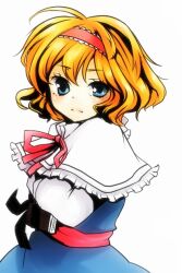 Rule 34 | 1girl, alice margatroid, blonde hair, blue eyes, blush, book, hairband, holding, holding book, long sleeves, looking at viewer, short hair, shou-chan, simple background, solo, touhou, white background