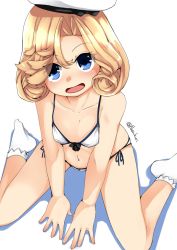 Rule 34 | 1girl, bikini, blonde hair, blue eyes, collarbone, commentary, commentary request, flat chest, hat, highres, janus (kancolle), kantai collection, looking at viewer, nassukun, one-hour drawing challenge, parted bangs, sailor hat, short hair, side-tie bikini bottom, simple background, socks, solo, swimsuit, symbol-only commentary, twitter username, white background, white bikini, white hat, white socks